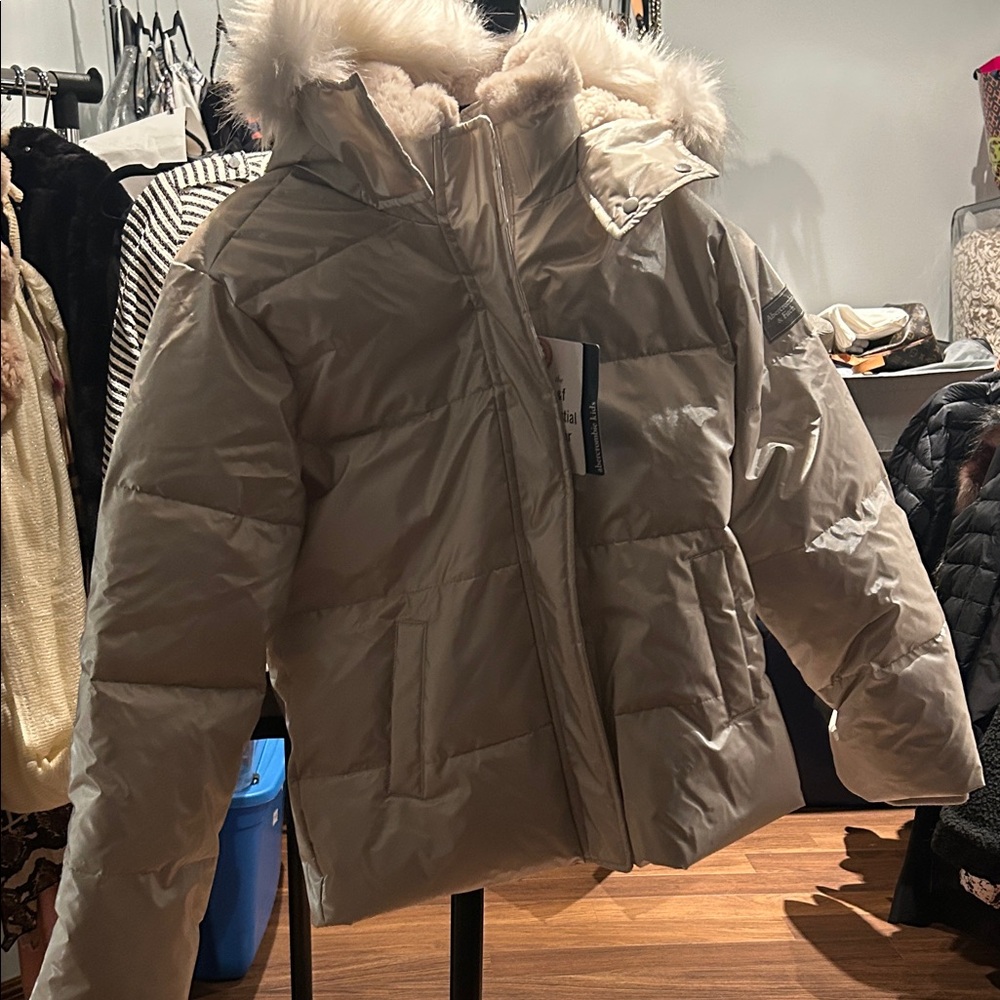 Abercrombie Kids Silver Puffer Jacket with Faux Fur Hood